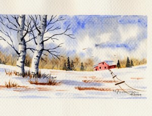 Snow scene with barn
