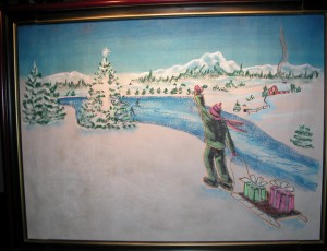 I draw the snow scene with the boy and the sled. The black light reveals the real gift of Christmas, Jesus, and the lights of the tree with the symbolic cross