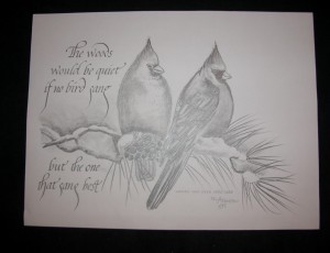 Adding words using a broad edged pencil worked well with this piece